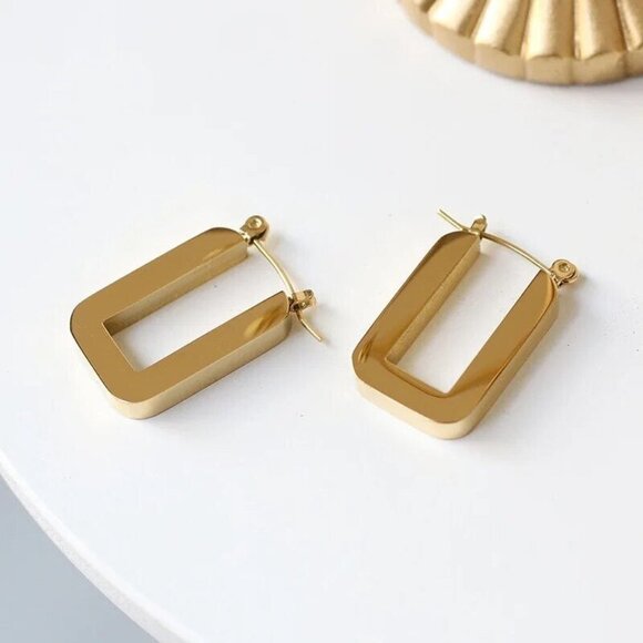 Jewelry - 18k Gold Plated Thick Chunky Hollow Square Circle Geometric Gold Hoop Earrings
